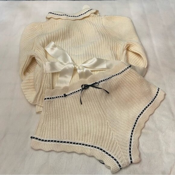 New! For Love And Lemons Jeanette Cardigan and Shorts Set cream 2583 - Picture 6 of 11